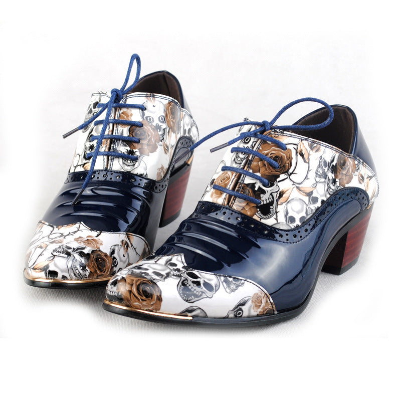 Trendy High Heel Men's British Print Skull Casual Leather Shoes